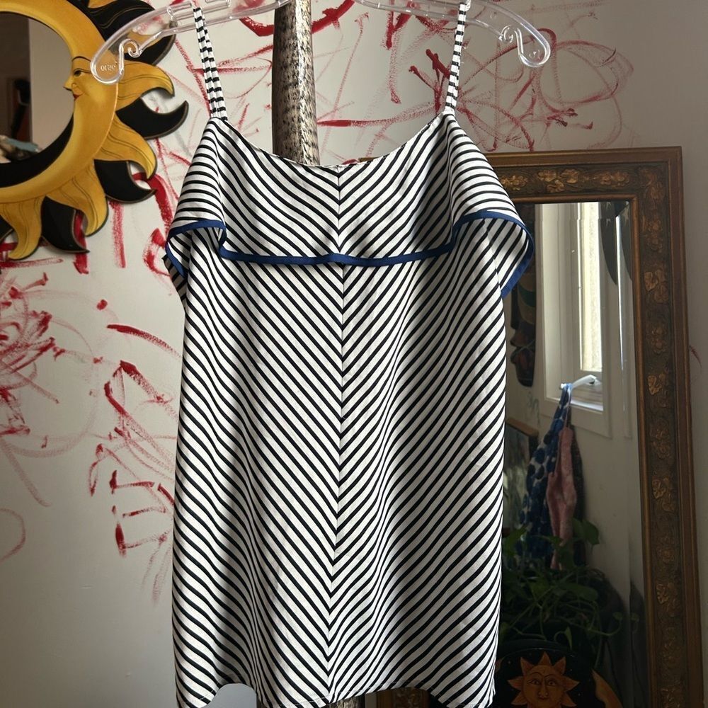 Ann Taylor Black and White Striped Blouse w Blue Accents M